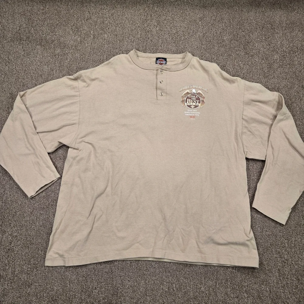 VTG Harley Davidson Henley Mens XXL Tan Graphic Eagle Long Sleeve USA Made 90s - Picture 1 of 10